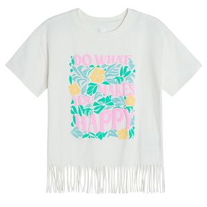 White short sleeve T-shirt with fringes DO WHAT MAKES YOU HAPPY print