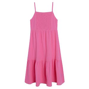 Pink sleeveless summer dress with ruffle on the shoulders