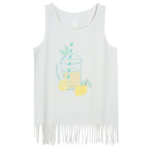 White sleeveless T-shirt with fringes and lemon cocktail print
