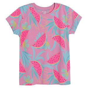 Fluo pink short sleeve T-shirt with watermelon print