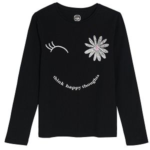 Black long sleeve T-shirt with think happy thoughts print