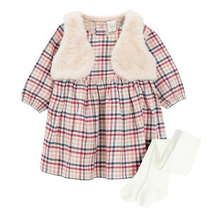 Pink checked long sleeve dress with fake fur vest and white tights