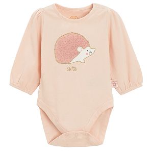 Pink long sleeve bodysuit with hedgehog print