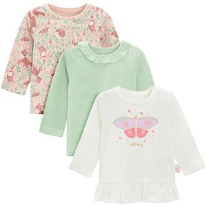 White with butterfly, pink floral and green long sleeve blouses- 3 pack
