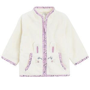 White fleece zip through jacket with bunny pattern on the side pockets