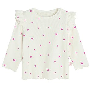White long sleeve blouse with pink hearts print