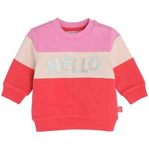Pink, orange, white sweatshirt with HELLO print