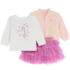 Σετ μπλούζα μακρυμάνικη με στάμπα μονόκερος, φούστα μωβ από τούλι και ροζ ζακέτα με στάμπα αστεράκι