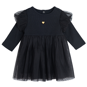 Black long sleeve party dress with tulle skirt