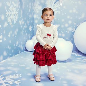 White long sleeve bodysuit with mouse in a cup print and red skirt with ruffles