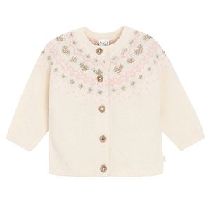 White button down cardigan with gold hearts and pink pattern lines