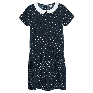 Blue and white polka dot short sleeve dress with belt