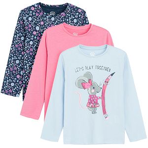 Long sleeve blouses, blue with flowers, pink and light blue with mouse print- 3 pack
