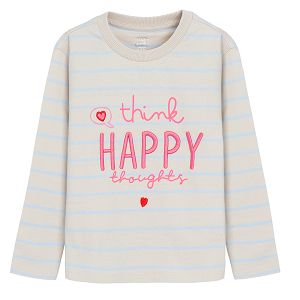 White long sleeve blouse with 'thing HAPPY thoughts' print