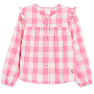 White and pink checked ling sleeve shirt