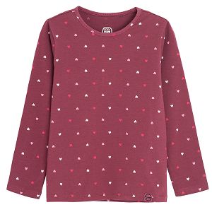Burgundy long sleeve blouse with hearts print