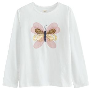 White long sleeve blouse with butterfly print with sequins
