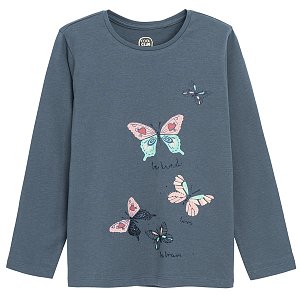 Blue grey long sleeve blouse with butterflies print