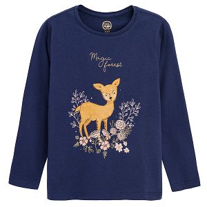 Blue long sleeve blouse with deer and flowers print