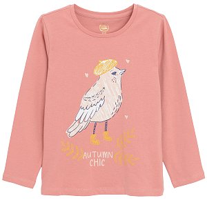 Μπλούζα μακρυμάνικη ροζ με στάμπα πουλάκι AUTUMN CHIC