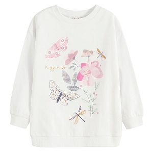 Μπλούζα μακρυμάνικη λευκή με σχέδια λουλούδια και πεταλούδες