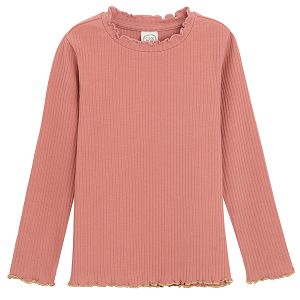 Pink fitted long sleeve blouse with gold thread at the bottom and the sleeves