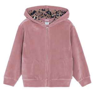 Velvet zip through sweatshirt with animal print lining on the hood