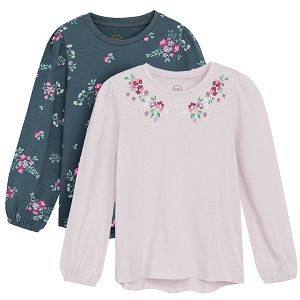 Blue and off white long sleeve blouses with flowers print