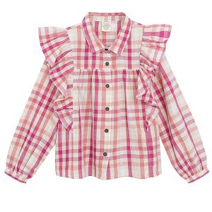 Pink checked long sleeve shirt with ruffles
