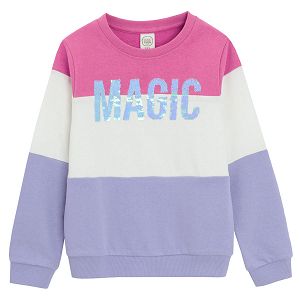 Purple, white, pink stripes sweatshirt with MAGIC print