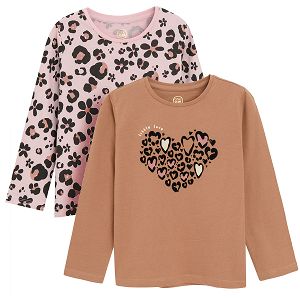 Brown with heart print and pink with flowers print long sleeve blouses- 2 pack