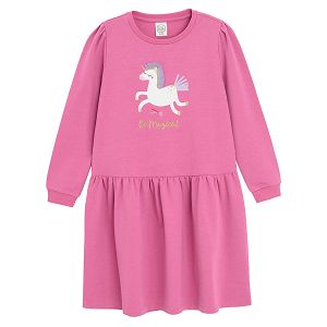 Pink long sleeve dress with unicorn print