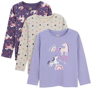 Blue grey and light blue long sleeve blouses with unicorn print and ecru polka dot - 3 pack