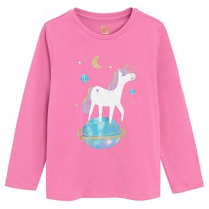 Fucshia long sleeve blouse with unicorn on a planet print
