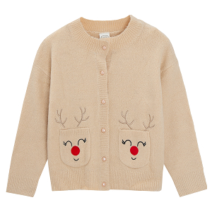 White cardigan with raindeer print on the side pockets
