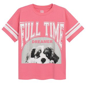 Μπλούζα κοντομάνικη ροζ με στάμπα σκυλάκι full time dreamer