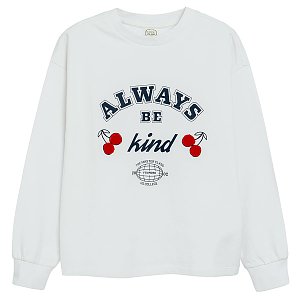 White sweatshirt with cherries and 'Always be kind' print