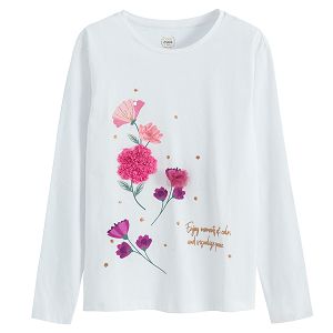 Μπλούζα μακρυμάνικη λευκή με κεντημένη στάμπα πολύχρωμα λουλούδια