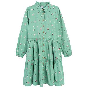 Φόρεμα μακρυμάνικο πράσινο με κουμπιά και στάμπα πολύχρωμα λουλουδάκια