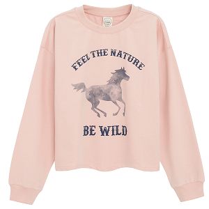 Light pink sweatshirt with horse and FEEL THE NATURE BE WILD print