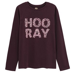 Burgundy long sleeve blouse with HOORAY print made of flowers