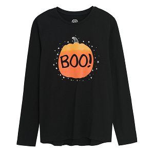 Black long sleeve blouse with pumpkin BOO print