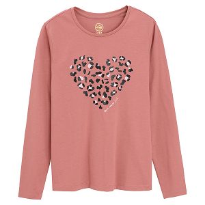 Dusty pink long sleeve blouse with animal print heart