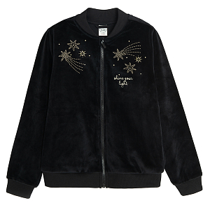 Black zip through sweatshirt with gold stars and Shine your light print