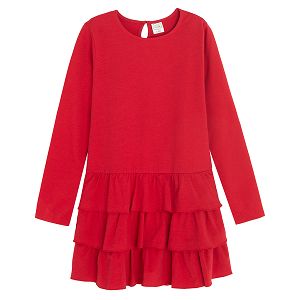 Red long sleeve party dress with ruffles skirt