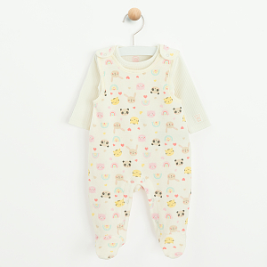 White sleeveless footed overall with panda and animals print and white bodysuit