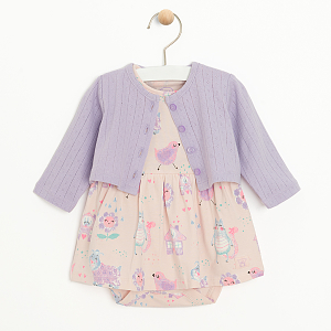 Pink dress bodysuit with sun and cheeks print and purprle cardigan