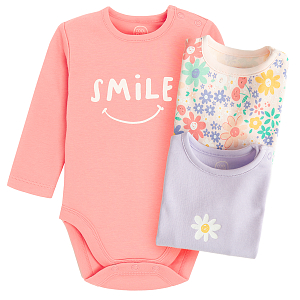 Pink with SMILE, floral and purple long sleeve bodysuits- 3 pack
