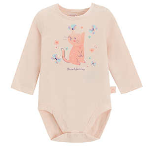 Light pink long sleeve bodysuit with kitten and butterflies print