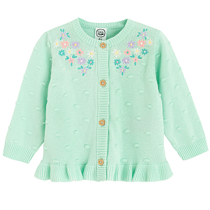 Mint cardigan with button and floral embroidery around the collar